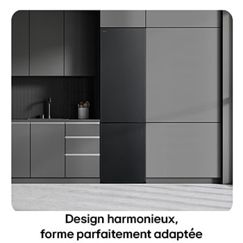 Réfrigérateur-congélateur LG GBV22NCCEP noir, illustre le Design Flat Door de 203 cm et l'intégration parfaite dans la cuisine moderne et sombre.