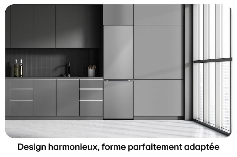 Réfrigérateur-congélateur LG GBV3100EPY Silver, illustre le Design Modern Flat Door et l'intégration parfaite dans les meubles de cuisine.