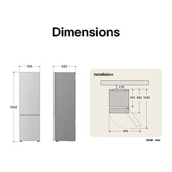 Réfrigérateur-congélateur LG GBV3100EPY dessin technique: H 1860, L 595, P 682 mm, avec mesures d'encastrement pour condenseur ouvert, nécessitant $\ge$50 mm du mur.
