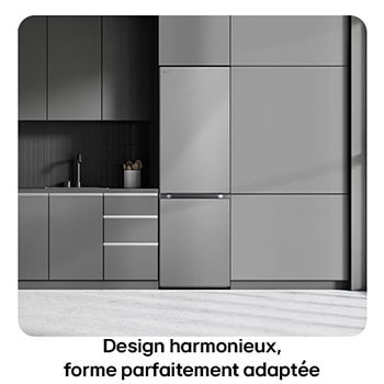 Réfrigérateur-congélateur LG GBV3100EPY Silver, illustre le Design Modern Flat Door et l'intégration parfaite dans les meubles de cuisine.