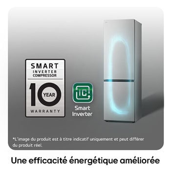 Réfrigérateur-congélateur LG GBV3100EPY avec le logo du Compresseur Smart Inverter, soulignant la garantie de 10 ans et l'efficacité énergétique.