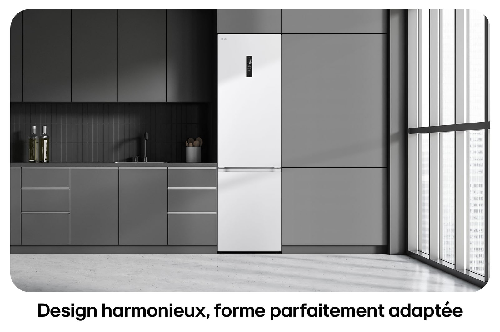 Réfrigérateur-congélateur LG GBV5250DSW Blanc illustrant un **design harmonieux** et une intégration parfaite dans la cuisine moderne grise.