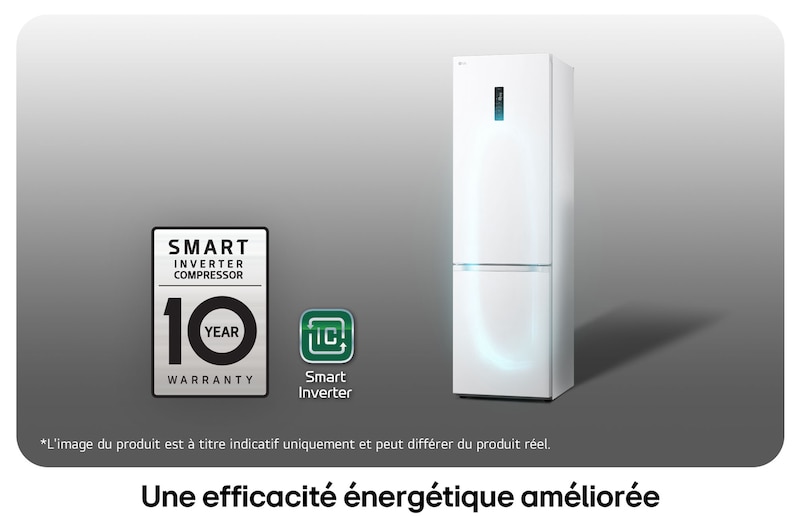 Réfrigérateur-congélateur LG GBV5250DSW avec le logo du Compresseur Smart Inverter, soulignant la garantie de 10 ans et l'efficacité énergétique.