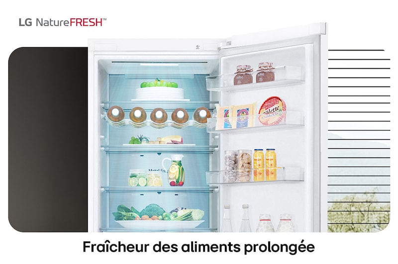 Réfrigérateur-congélateur LG GBV5250DSW illustre l'intérieur NatureFRESH avec porte-bouteilles et bacs à légumes para une fraîcheur longue durée.