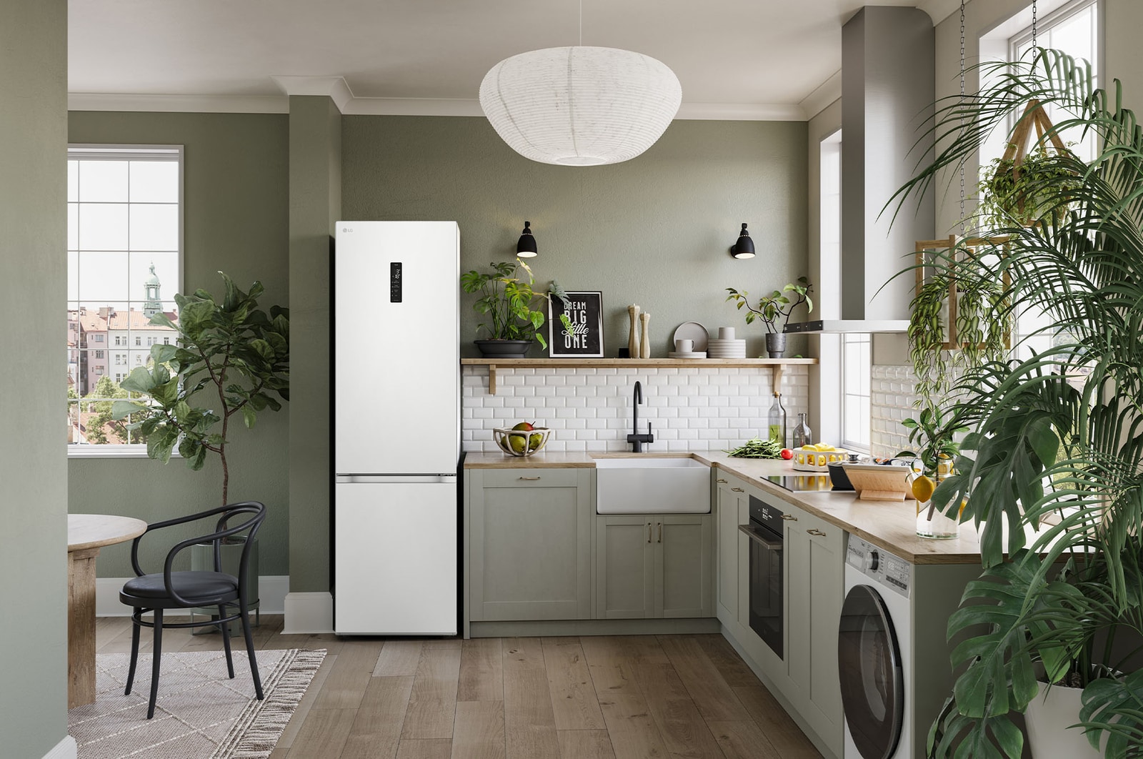 Réfrigérateur-congélateur LG GBV5250DSW Blanc (203 cm de haut), intégré élégamment dans une cuisine moderne vert olive avec parquet et plantes d'intérieur.