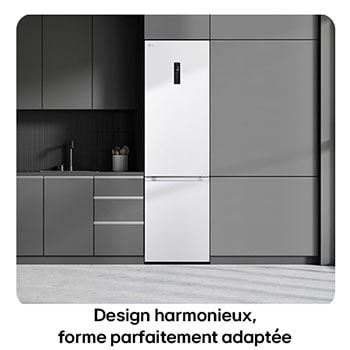 Réfrigérateur-congélateur LG GBV5250DSW Blanc illustrant un **design harmonieux** et une intégration parfaite dans la cuisine moderne grise.