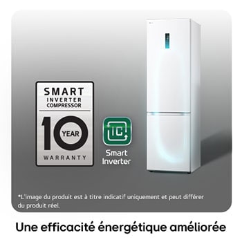 Réfrigérateur-congélateur LG GBV5250DSW avec le logo du Compresseur Smart Inverter, soulignant la garantie de 10 ans et l'efficacité énergétique.