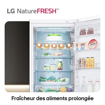 Réfrigérateur-congélateur LG GBV5250DSW illustre l'intérieur NatureFRESH avec porte-bouteilles et bacs à légumes para une fraîcheur longue durée.