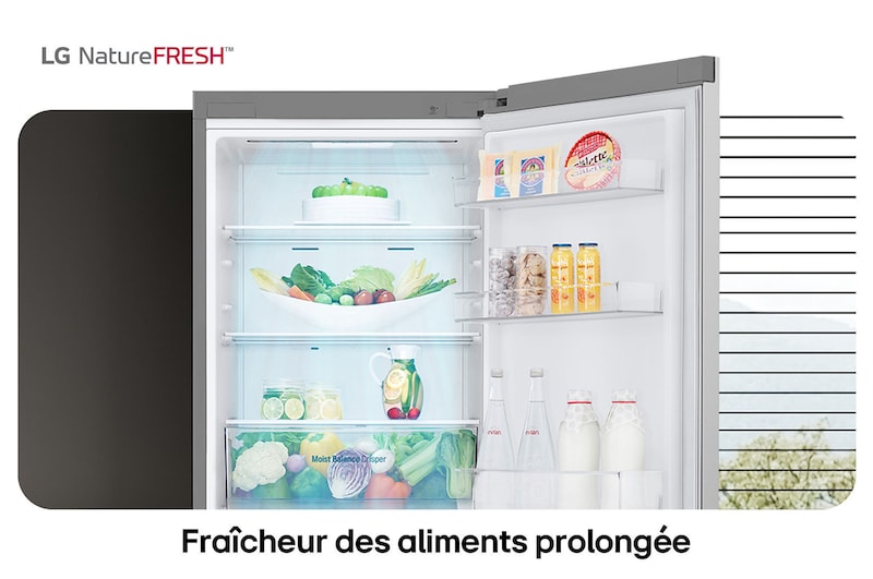 Réfrigérateur-congélateur LG GBV3110EPY illustre l'intérieur NatureFRESH avec tiroir Moist Balance Crisper rempli pour une fraîcheur longue durée.
