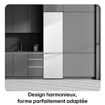 Réfrigérateur-congélateur LG GBV3200DSW Blanc illustrant un **design harmonieux** et une intégration parfaite dans la cuisine moderne grise.