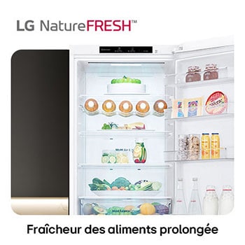 Réfrigérateur-congélateur LG GBV3200DSW illustre l'intérieur NatureFRESH avec porte-bouteilles et bacs à légumes para une fraîcheur longue durée.