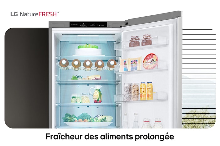 Réfrigérateur-congélateur LG GBV5240APY illustre l'intérieur NatureFRESH avec porte-bouteilles et bacs à légumes para une fraîcheur longue durée.