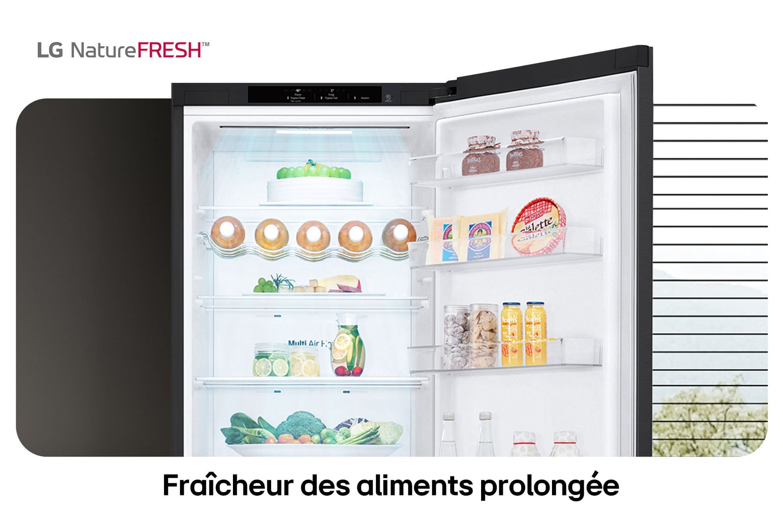 Réfrigérateur-congélateur LG GBV3200DEP illustre l'intérieur NatureFRESH avec porte-bouteilles et bacs à légumes para une fraîcheur longue durée.