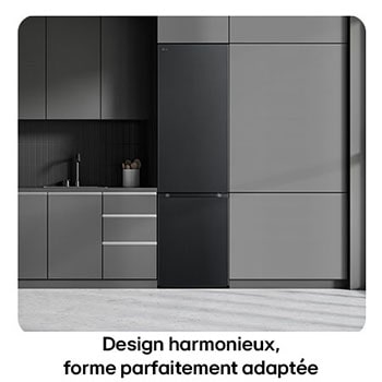 Réfrigérateur-congélateur LG GBV3200DEP noir, illustre le Design Flat Door de 203 cm et l'intégration parfaite dans la cuisine moderne et sombre.