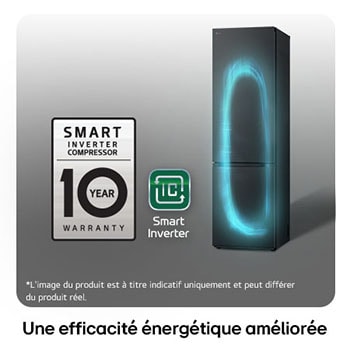 Réfrigérateur-congélateur LG GBV3200DEP avec le logo du Compresseur Smart Inverter, soulignant la garantie de 10 ans et l'efficacité énergétique.