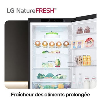 Réfrigérateur-congélateur LG GBV3200DEP illustre l'intérieur NatureFRESH avec porte-bouteilles et bacs à légumes para une fraîcheur longue durée.
