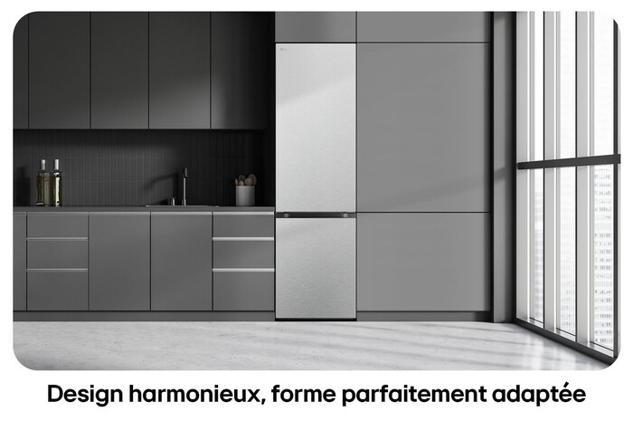 Réfrigérateur-congélateur LG GBV7280CMB Metal Sorbet, illustre le Design Flat Door de 203 cm et l'intégration élégante dans les meubles de cuisine modernes.