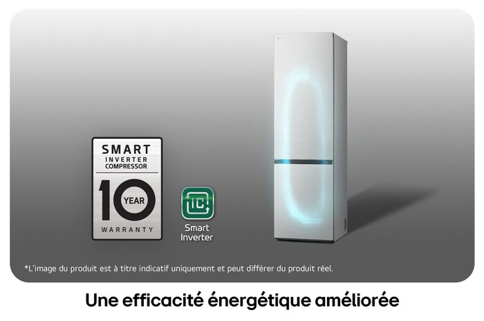 Réfrigérateur-congélateur LG GBV7280CMB avec le logo du Compresseur Smart Inverter, soulignant la garantie de 10 ans et l'efficacité énergétique.