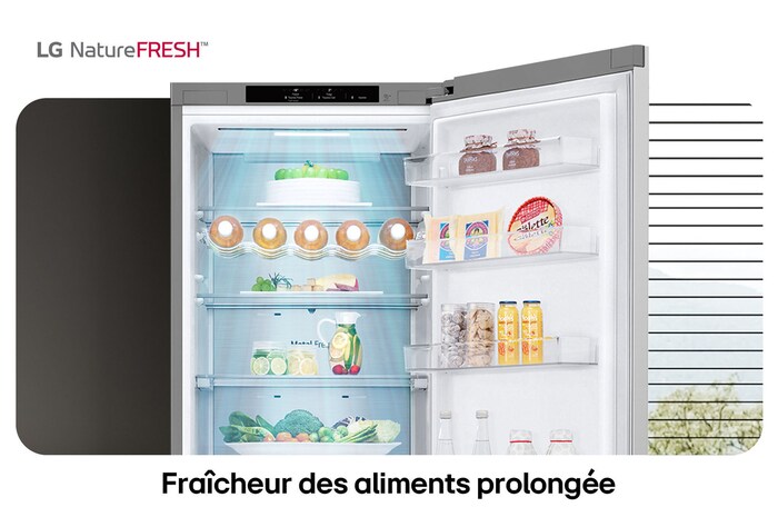 Réfrigérateur-congélateur LG GBV7280CMB illustre l'intérieur NatureFRESH avec porte-bouteilles et bacs à légumes para une fraîcheur longue durée.