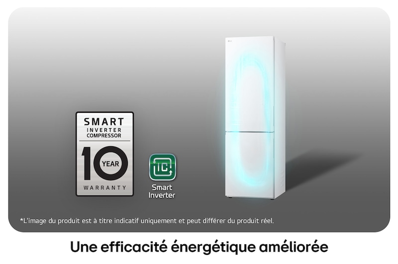 Réfrigérateur-congélateur LG GBB61SWJEC avec le logo du Compresseur Smart Inverter, soulignant la garantie de 10 ans et l'efficacité énergétique.