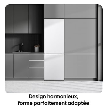 Réfrigérateur-congélateur LG GBB61SWJEC blanc, illustre le Design Modern Flat Door et l'intégration parfaite dans la cuisine moderne et sombre.