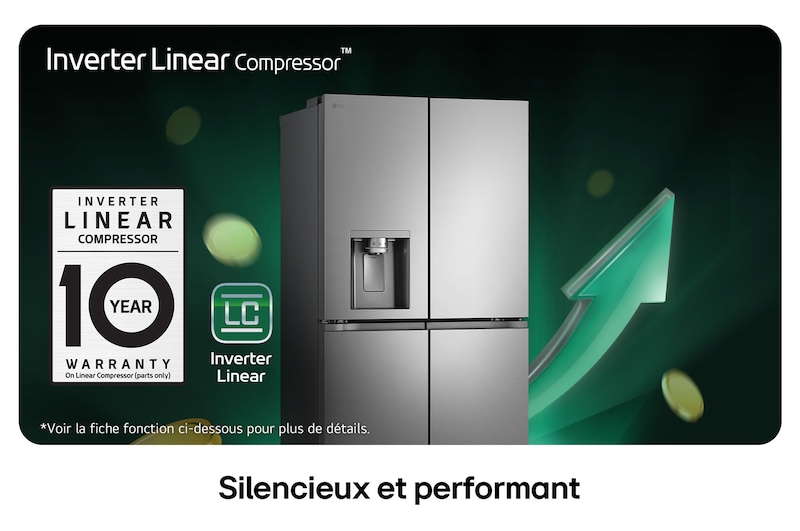 Réfrigérateur Multi-Portes LG GMF960PY2E au fini argenté, mettant en avant le Compresseur Linéaire Inverter™ et une garantie de 10 ans pour un fonctionnement silencieux et efficace.