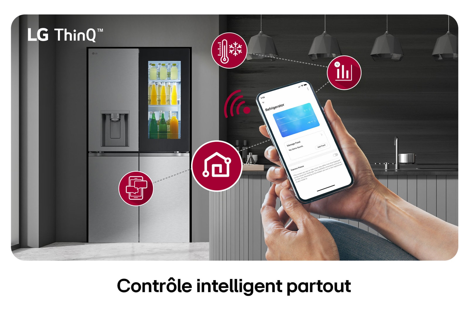 Réfrigérateur Multi-Portes LG GMG960MBJE au fini acier inoxydable, présentant le système LG ThinQ™ et le contrôle des réglages à distance via une application mobile.