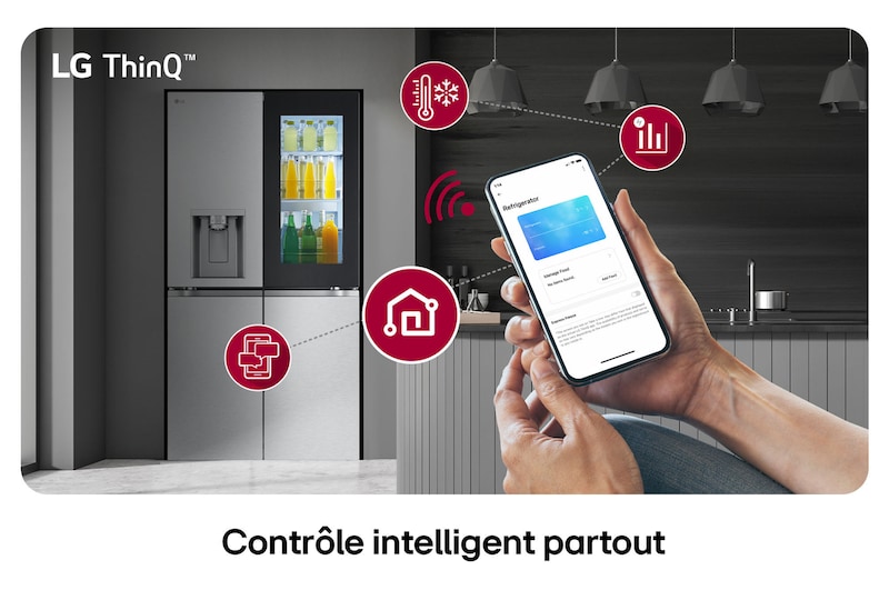 Réfrigérateur Multi-Portes LG GMG960MBJE au fini acier inoxydable, présentant le système LG ThinQ™ et le contrôle des réglages à distance via une application mobile.