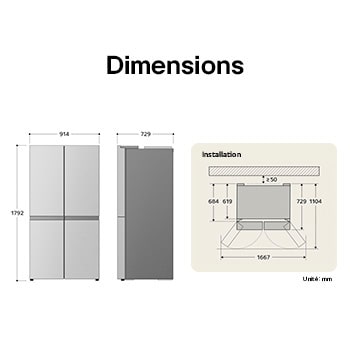 Réfrigérateur Multi-Portes LG GMG960MBJE affichant les dimensions d'encastrement et la taille du produit, avec une hauteur de 1792 mm, une largeur de 914 mm et une profondeur de 729 mm.
