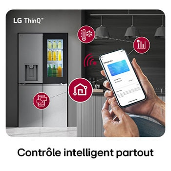 Réfrigérateur Multi-Portes LG GMG960MBJE au fini acier inoxydable, présentant le système LG ThinQ™ et le contrôle des réglages à distance via une application mobile.