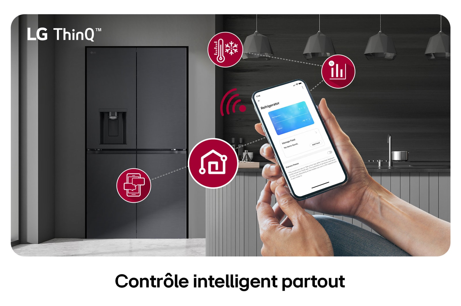 Réfrigérateur Multi-Portes LG GML960EVBE noir mat, présentant le système LG ThinQ™ et le contrôle des réglages à distance via une application mobile.