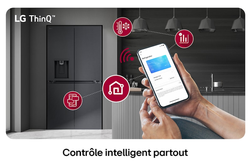 Réfrigérateur Multi-Portes LG GML960EVBE noir mat, présentant le système LG ThinQ™ et le contrôle des réglages à distance via une application mobile.