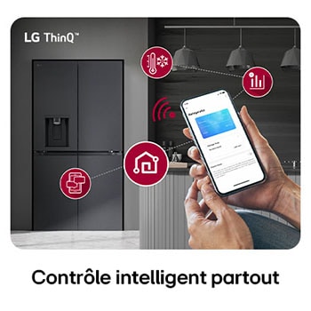 Réfrigérateur Multi-Portes LG GML960EVBE noir mat, présentant le système LG ThinQ™ et le contrôle des réglages à distance via une application mobile.