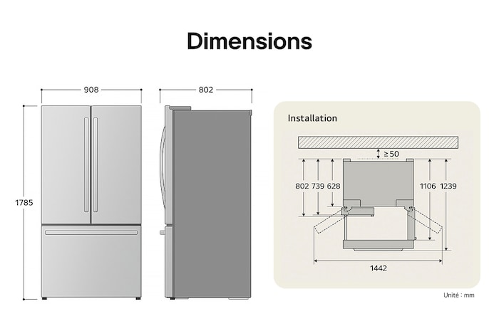 Réfrigérateur French Door LG dessin technique: H 1785, L 908, P 802 mm, avec mesures d'encastrement et $\ge$50 mm de dégagement du mur.