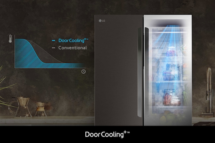 Réfrigérateur LG GMZ765SBHJ illustrant la technologie **DoorCooling+** : graphique et effet visuel prouvant un refroidissement plus rapide et uniforme près de la porte.