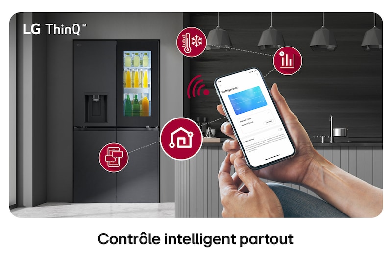 Réfrigérateur Multi-Portes LG GMG960EVEE noir mat, présentant le système LG ThinQ™ et le contrôle des réglages à distance via une application mobile.
