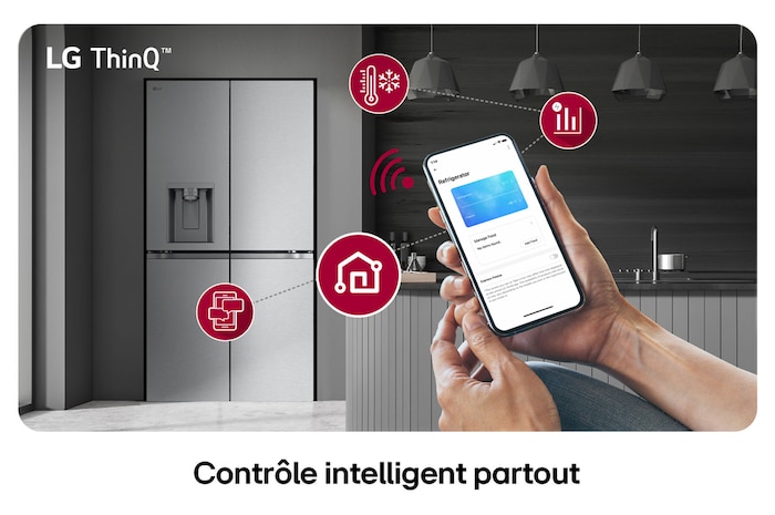 Réfrigérateur Multi-Portes LG GML960MBBE au fini acier inoxydable, présentant le système LG ThinQ™ et le contrôle des réglages à distance via une application mobile.