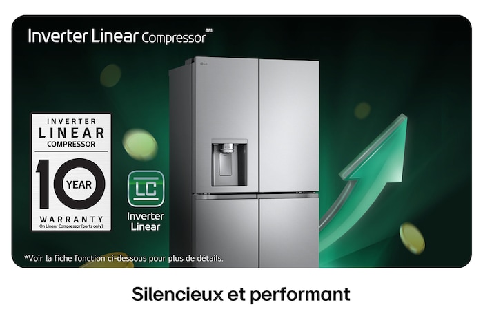 Réfrigérateur Multi-Portes LG GML960MBBE au fini argenté, mettant en avant le Compresseur Linéaire Inverter™ et une garantie de 10 ans pour un fonctionnement silencieux et efficace.