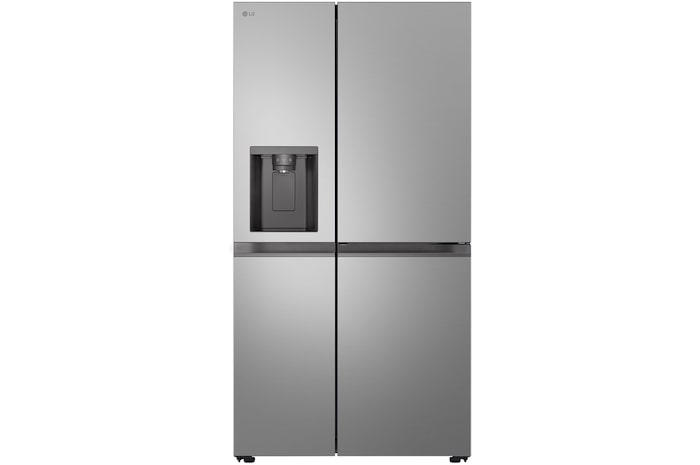 Réfrigérateur Américain LG GSJC40PYPE Argent Premium, vue de face, avec distributeur d'eau et de glace intégré dans la porte gauche.
