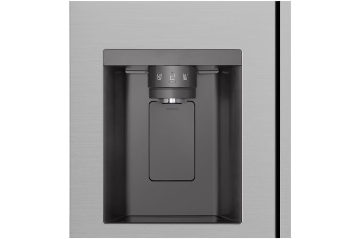 Gros plan du distributeur d'eau et de glace sur le Réfrigérateur Américain LG GSJC40PYPE, avec icônes éclairées pour l'eau, les glaçons et la glace pilée.