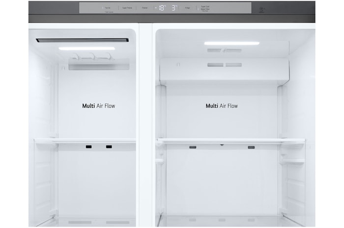 Réfrigérateur Américain LG GSJC40PYPE : Vue intérieure du compartiment réfrigérateur montrant le système de ventilation **Multi Air Flow** et l'affichage numérique de la température en haut.