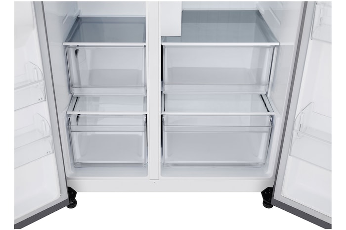 Réfrigérateur Américain LG GSJC40PYPE montrant l'intérieur inférieur ouvert avec de larges tiroirs transparents pour les produits frais et surgelés.
