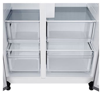 Réfrigérateur Américain LG GSJC40PYPE montrant l'intérieur inférieur ouvert avec de larges tiroirs transparents pour les produits frais et surgelés.