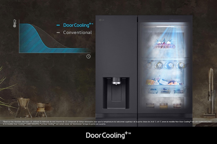 Réfrigérateur Américain LG GSLE90EVAC illustrant la technologie **DoorCooling+™** : graphique et effet visuel prouvant un refroidissement plus rapide et uniforme près de la porte.