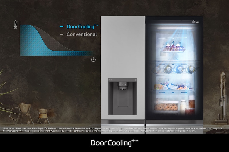 Réfrigérateur Américain LG GSGV80PYLD illustrant la technologie **DoorCooling+™** : graphique et effet visuel prouvant un refroidissement plus rapide et uniforme près de la porte.