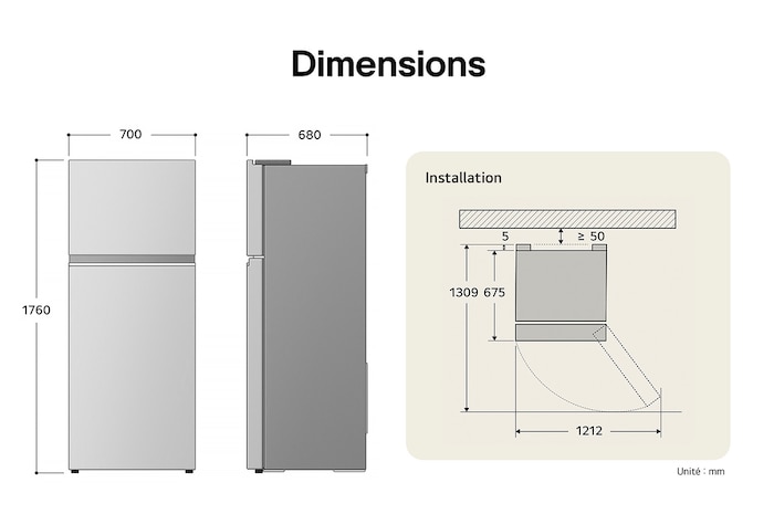 Réfrigérateur Top-Freezer LG dessin technique: H 1760, L 700, P 680 mm, avec mesures d'encastrement et $\ge$50 mm de dégagement du mur.