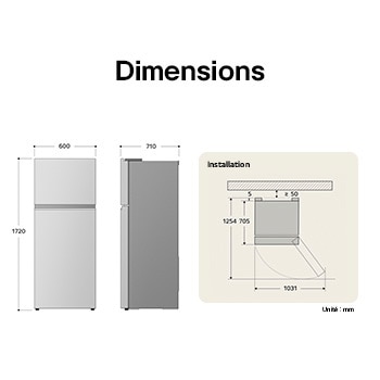 Réfrigérateur Top-Freezer LG dessin technique: H 1720, L 600, P 710 mm, avec mesures d'encastrement et $\ge$50 mm de dégagement du mur.