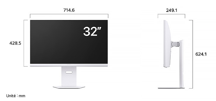 Moniteur LG UltraGear 32G810SA affichant les dimensions de face et de profil, mesurant 714.6 mm de largeur, 428.5 mm de hauteur d'écran, 624.1 mm de hauteur totale et 249.1 mm de profondeur.