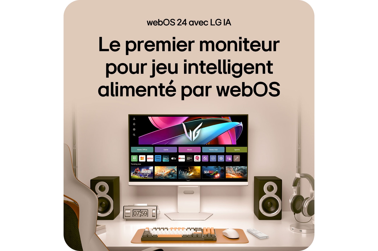 Moniteur Gaming LG UltraGear 32G810SA, le premier moniteur gaming alimenté par webOS, affichant l'interface webOS avec LG AI et les fonctionnalités Smart TV.