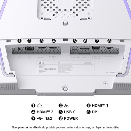 Vue arrière du Moniteur LG UltraGear 32G810SA, détaillant le design de support minimaliste et les connexions HDMI™ 2.1 et DisplayPort.